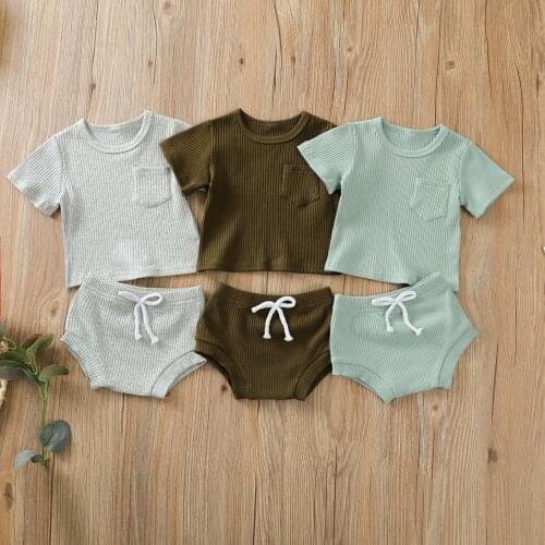 Toddler Infant Baby Boys Summer Clothes Suit Newborn Kids Boy Ribbed Knitted Short Sleeve Pocket T-shirts+Shorts Tracksuits Sets