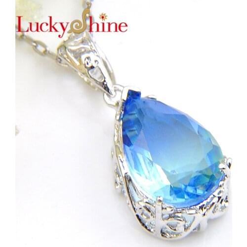 Luckyshine Fashion Top Gradient BI-COLORED Tourmaline Waterdrop Crystal Zirconia Silver Women Engagement Gift Pendant Necklace F