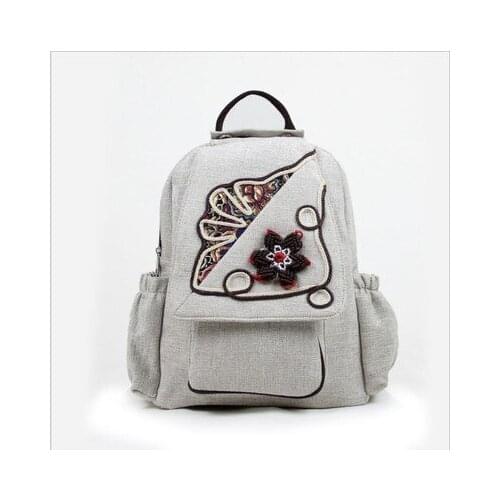 Fashion National String Appliques Women Shopping backpacks!Nice Floral Embossing lady backrack All-match Vintage Canvas backruck