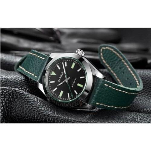 Parnis 40mm Sapphire Crystal Black dial Green Strap Mens Automatic Watch
