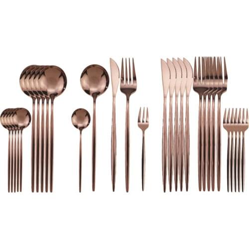 30Pcs Rose Cutlery Set Stainless Steel Dinnerware Set Gold Dinnerware Shiny Flatware Set Dinner Knife Fork Spoon Fruit Cake Fork