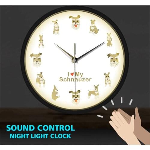 I Love Schauzer Dog Breed Wall Decor Metal Frame Illuminated Wall Clock Sound Activated Miniature Schnauzer Puppy Pet Wall Watch