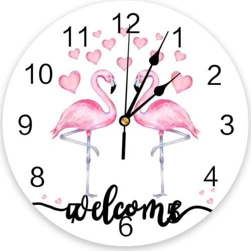 Pink Flamingo Welcome Wall Clock Modern Design Clocks Home Decor Living Room Wall Hanging Silent Wall Clocks