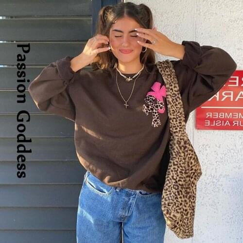 New Women Embroidered Sweatshirts Loose Hoodies Tops Long Sleeve Round Neck Oversized Pullovers Vintage Crewneck Sweatshirts 90s