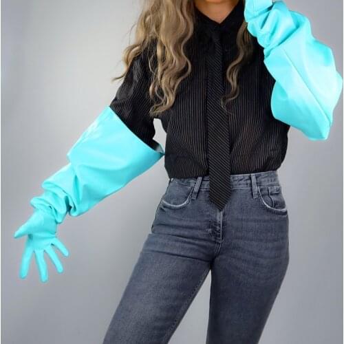Womens fashion sexy slim light blue faux pu leather glove ladys club performance formal party leather long glove 70cm R3460