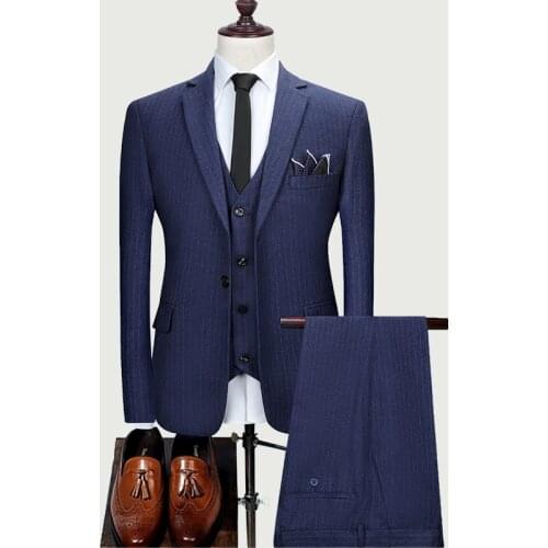 Jacket + Vest + Pants 2021 Brand Fashion Boutique Striped Slim Mens Business Casual Suit 3pcs Set Groom Wedding Dress Tuxedo