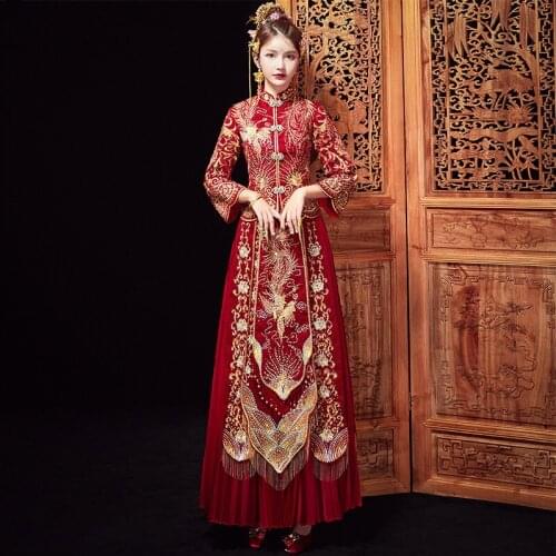 Luxury Golden Embroidery Oriental Chinese Traditional Wedding Dress BrideModern Long Clothes China Qipao китайская одежда
