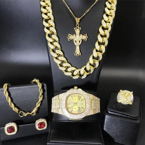 Luxury Men Watch & Necklace & Braclete & Ring & Earrings Combo Set Ice Out Cuban Crystal Miami Necklace Chain Hip Hop For Men
