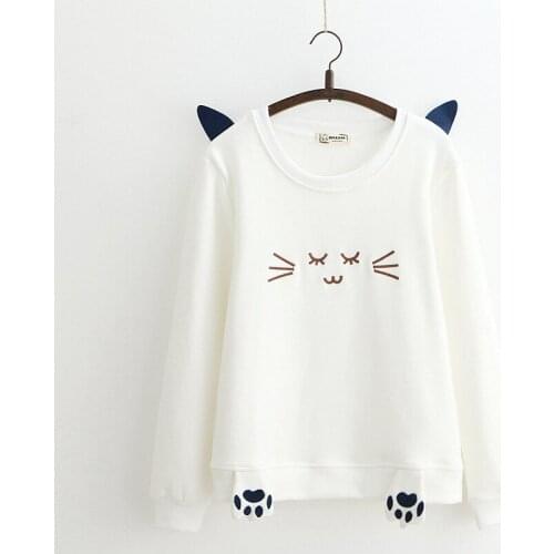 Korean Clothes New Plus Velvet Sweatshirt Cat Ears Cat Claw Patchwork Thickened O-neck Pullovers Femme Harajuku Tracksuits