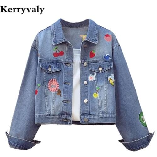 New Large Size Loose Fruit Embroidered Bomber Denim Jacket Women 2021 Long Sleeve Blue Jeans Crop Puffer Jacket K9239