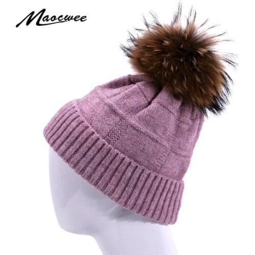 Winter Real Fur Pompom Beanie Hat For Women Outdoor Warm Soft Skullies Beanies Hat Female Ladies Thick High Quality Hedging Caps
