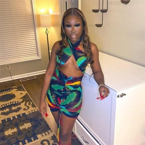 Women 2021 Sexy Halter Backless Shirring Skirt Female Hot Party Streetwear Bodycon Clothing Abstract Print Mesh Mini Dress