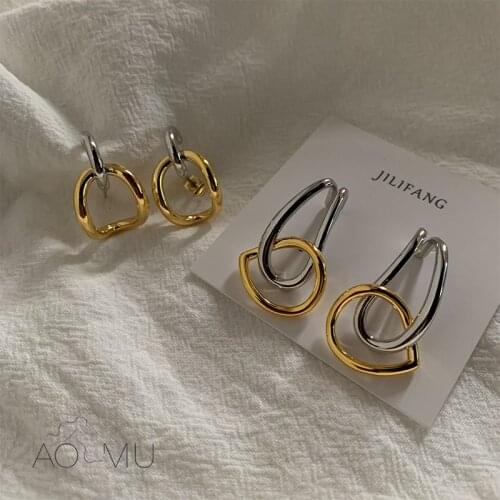 AOMU 2021 New S925 Line Water Droplets Two-color Stitching Hollow Two Ways of Wearing Simple Stud Earrings For Women