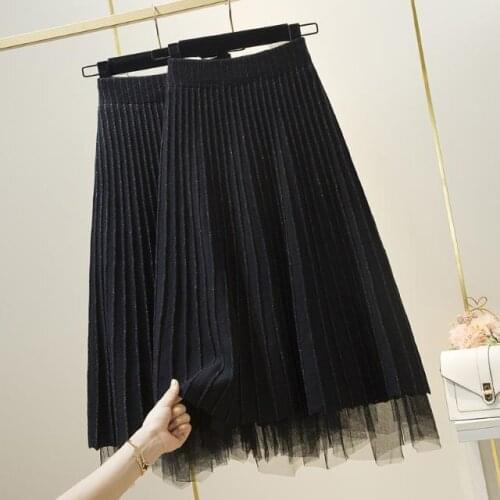 Woman Skirts Gold Silk Knitted High Waist Reverse Tulle Skirt A- line Pleated Skirt Long Skirt Mujer Faldas Saias Mulher