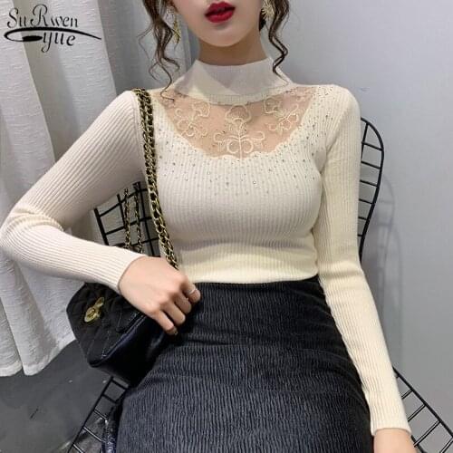 2021 Autumn and Winter New Womens Knitwear Solid Long Sleeve Bottoming Shirts Women Half-turtleneck Lace Hollow Pullover 11565