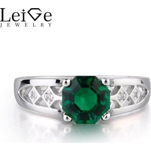 Leige Jewelry Lab Created Green Emerald Gemstone Octagon Cut Anniversary Rings Classic Gifts For Woman May Birthstone 925 Silver