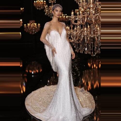 White Mermaid Bridal Dresses vestidos de novia alta calidad Beaded Tassels Sheer Long Sleeves Sexy Luxury Bridal Gowns