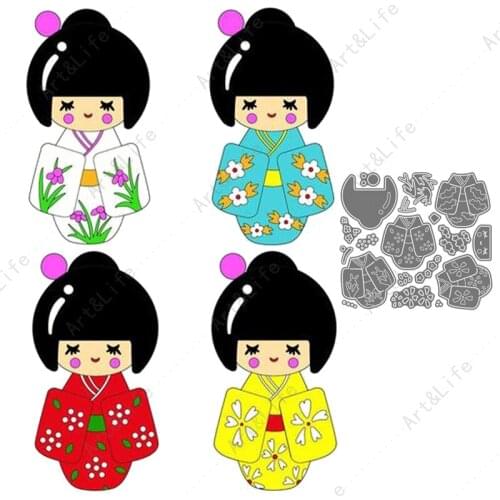 4 in 1 Metal Cutting Dies Cute Japanese Girl Kimono Puppet Stencils for Scrapbooking Album Birthday Paper Cards Embossing Stamp
