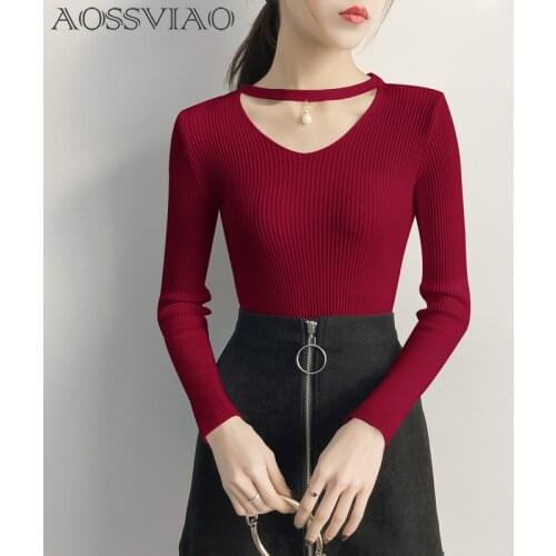 AOSSVIAO V Neck Sweaters Women 2020 Autumn Winter Long Sleeve Sexy Slim Tops Solid Streetwear Knitted Korean Pullover Burgundy