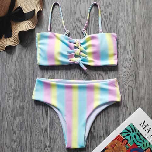 9-16Y Rainbow Striped Girl Swimsuit Kids Two Piece Childrens Swimwear Tie Up Teenage Girl Bikini Set Bandeau Girls Bathing Suit