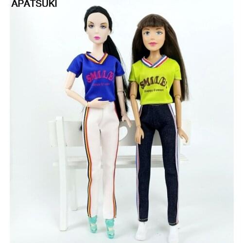 1set Smile Letter T-Shirt Sports Yoga Clothes for Barbie Doll Outfit Tops Gym Jogging Top + Long Jeans Pants Doll Accessories