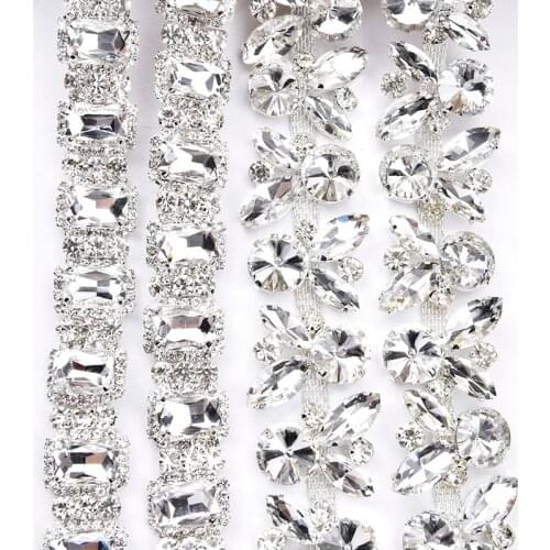 Luxury Rhinestone Chain Crystal Flower Trim Sew on Wedding Dress Costume Applique Banding Decorative Clothing Accessories