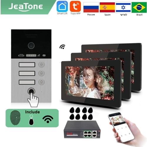 Jeatone TUYA 7”IP WIFI wireless Video Intercom for Apartment 3F Monitor Doorbell outdoor unitd with Fingerprint /RFIC card