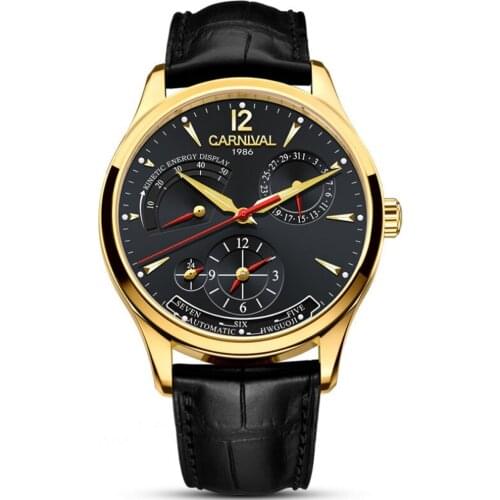 Carnival Mens Dual Time Zone Display Multifunction Leather Watchband Automatic Mechanical Watch - gold bezel black dial