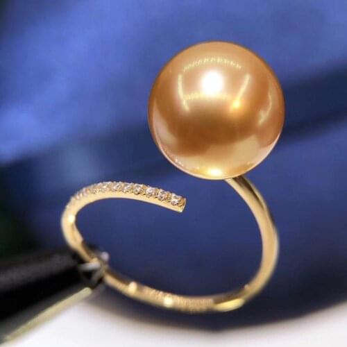 D910 Pearl Ring Fine Jewelry Real 18K Gold Round 9-10mm Nature Sea Water Golden Pearls Rings for Women Fine Presents