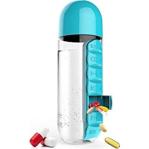 Pill Box Cum Water Bottle 600ml Free Travel 7 Day Pill Cup 2-in-1 Water Bottle with Pill Organizer Travel Use Pill Cases EK