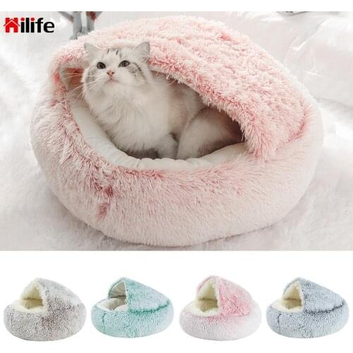 Round Soft Long Plush Bed Semi-enclosed Cat Nest Pet Dog Cat Bed for Dogs Cats Nest Winter Warm Sleeping Bed Anti-Slip Bottom
