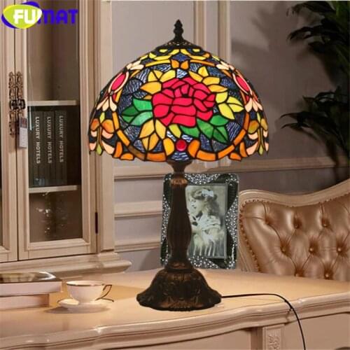 FUMAT tiffany style desk lamp red rose green leaf lampshade table light alloy frame stained glass home decor handicraft e27 LED