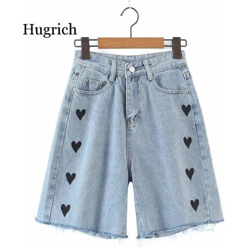 2021 New Love Pattern Print Denim Womens New High Waist Half Length Jeans Shorts Hot Summer Girl Street Wear