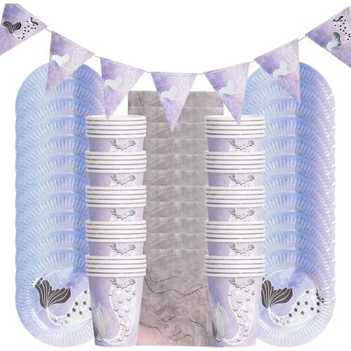 Mermaid Birthday Party Supplies Disposable Tableware Cup Plate Napkin Fork Paper Towel Banner Kids Parties Favors Decorations