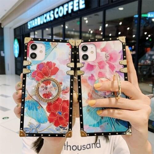 Luxury square Blu-ray Flowers silicone Phone Case For iPhone 12 11 Pro X XR XS MAX 6S 7 8 Plus SE Bracket Ring back Cover Coque