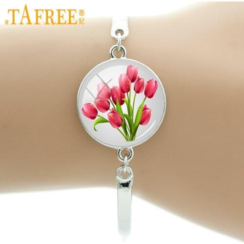TAFREE fashion wedding bridal jewelry Tulips charm bracelet Flower of Common Tulip glass art National flower bracelets girl E903