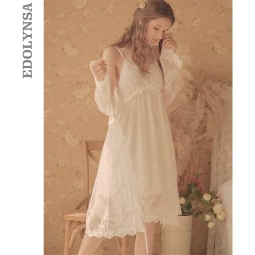 2021 Vintage Victorian 2 Pieces Sleepwear Robe Gown Set Retro Women Home Wear Bathrobe White Lace Kimono Cotton Night Dress T486