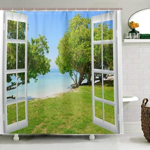 3D Seaview Natural Scenery Waterproof Shower Curtain Landscape 100% Polyester Fabric Bathroom Curtain for Toilet with 12 Hooks
