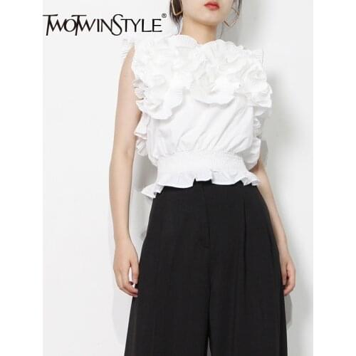 TWOTWINSTYLE Ruffle Patchwork Shirt For Women O Neck Sleeveless Chic White Blouse Female Fashion New Clothing 2021 Summer Style