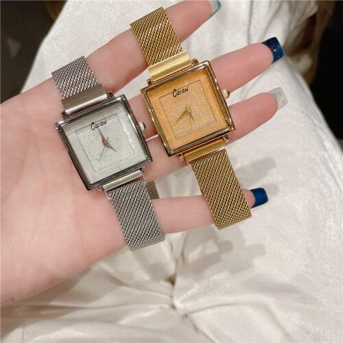 Cacaxi Women Silver Square Slim Watch Waterproof Stainless Steel Mesh Band Quartz Wristwatch Office Lady Dial Simple Watch A234