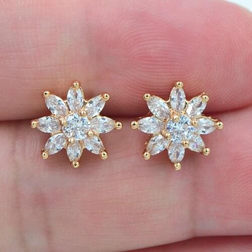 Fashion Jewelry Gold Color Clear Zircon CZ Blossom Flower Stud Earrings for Women