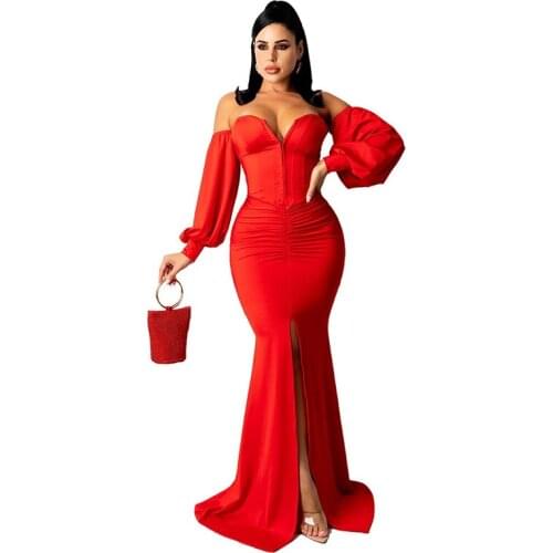 Sexy Off The Shoulder Long Lantern Sleeve Corset Maxi Dress Floor Length Package Hip Dress Elegant Split Evening Party Dresses