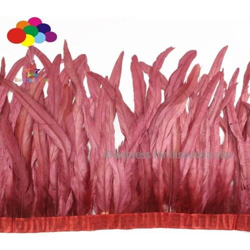 2 Meters Red wine Cock Feathers Trim Cloth Sideband 25-35cm 10-14 inch Chicken Pheasant Feather Trims Clothing Wedding Ribbon