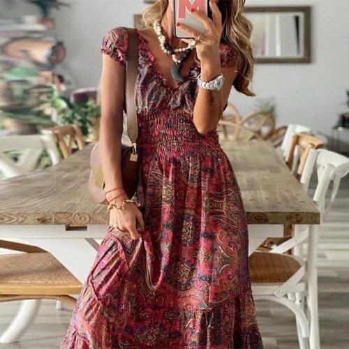 Boho Dress 2021 Spring V Neck Floral Print Long Party Dress Women Elegant Short Sleeve Ruffles Summer Beach Dresses 2XL Vestidos