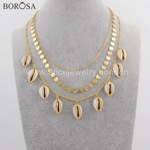 BOROSA 2PCS Gold Plating Cowrie Shell Necklaces Silver Plated Trim Natural Cowrie Shell Three Layer Chain Necklace Jewelry G1736