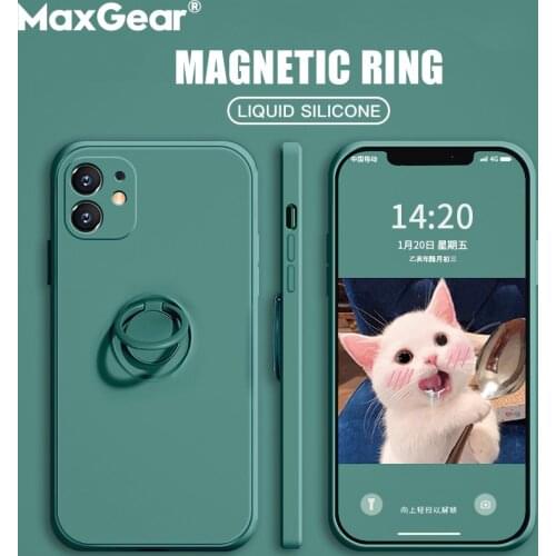 Liquid Silicone Case+Magnetic Ring Holder Stand For iPhone 13 11 12 Pro Max XS X XR 6 6S 7 8 Plus SE 2020 13 Mini Original Cover