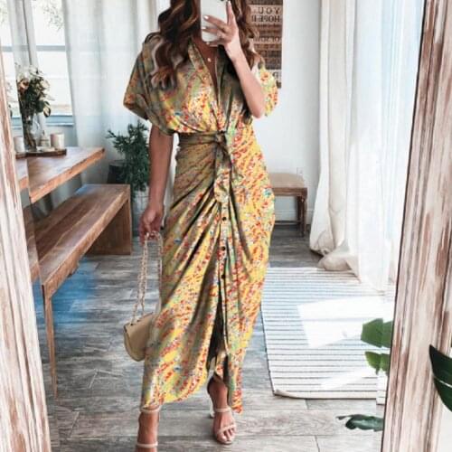 Elegant Button Draped Bandage Lady Shirt Dress Fashion Casual Short Sleeve Beach Long Dress Summer Sexy Deep V Women Party Dress