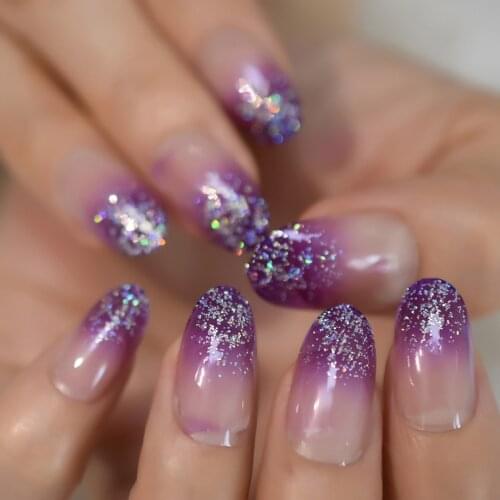 24Pcs Holographic Glitter French Fake Nails Gradient Purple Round Artificial False Nail Tips for Office Home Wear Faux Ongle