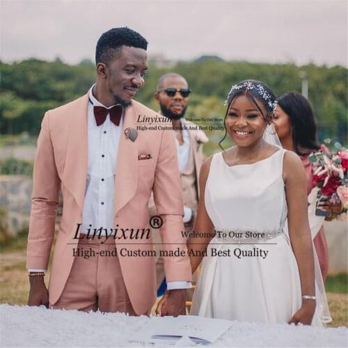 Handsome Peach Pink Shawl Lapel Mens Suits Slim Fit Wedding Groom Tuxedos Party Prom Blazer Costume Homme 2 Pieces Jacket Pants