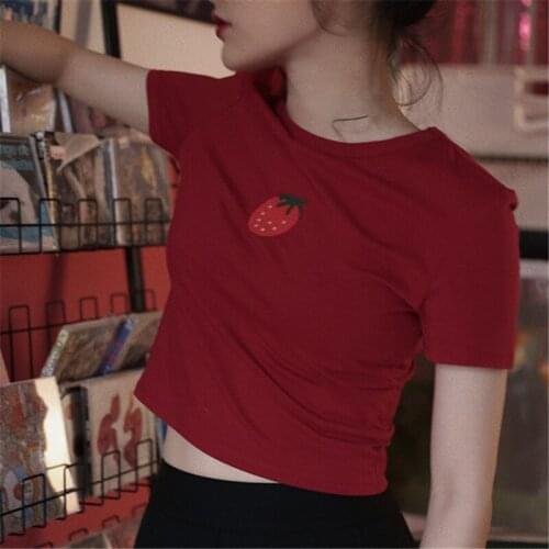 Summer Women 2021 Vintage Strawberry Embroidery Short Sleeve Crop Top Baby Tee Y2k 90S Aesthetic Kawaii Harajuku Graphic T Shirt